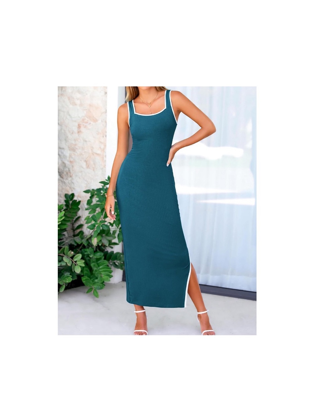 Sleeveless Teal Bodycon Maxi Dress with Side Slit - Picture 2 of 8